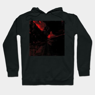 Digital collage and special processing. View from night dreams. City. Red. Hoodie